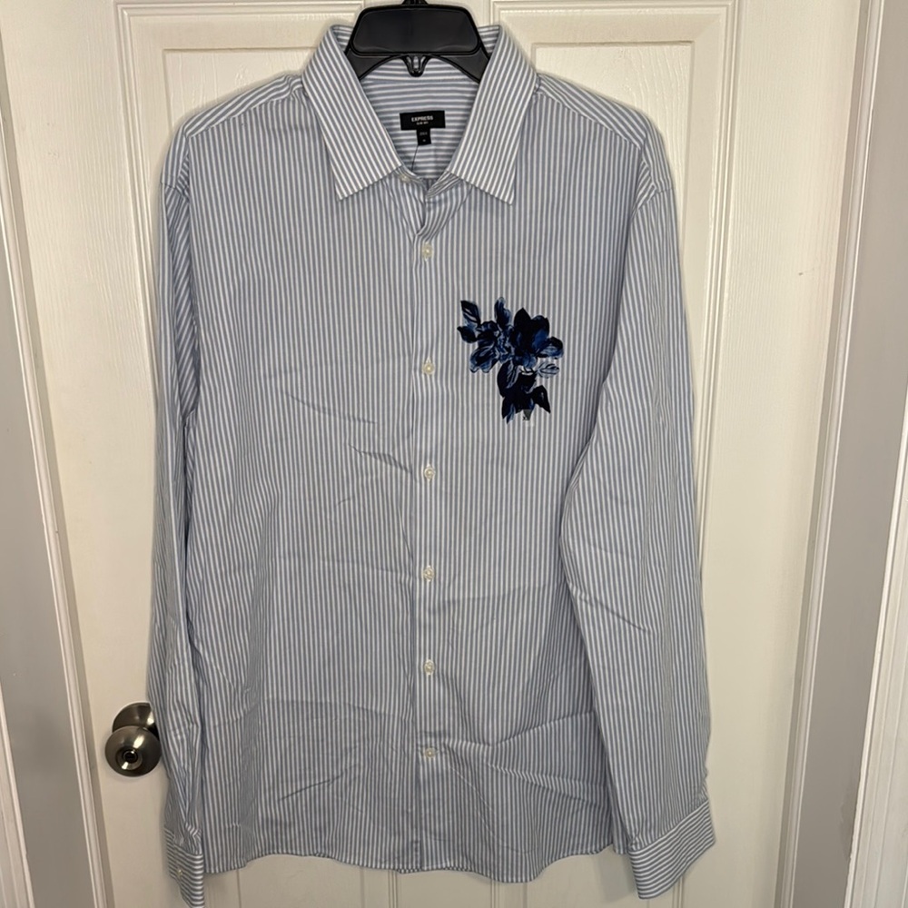 NWT Express Men's Blue Pinstripe Shirt with Floral Accent